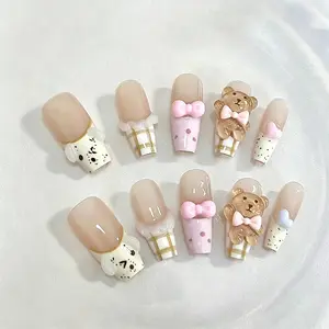 10 Piece Handmade Nail Art Set, Soft Cute Bear Design, Transparent Base, Butterfly Knot, Dog Spot Grid Pattern, Student Daily Use, Nail Kit Set