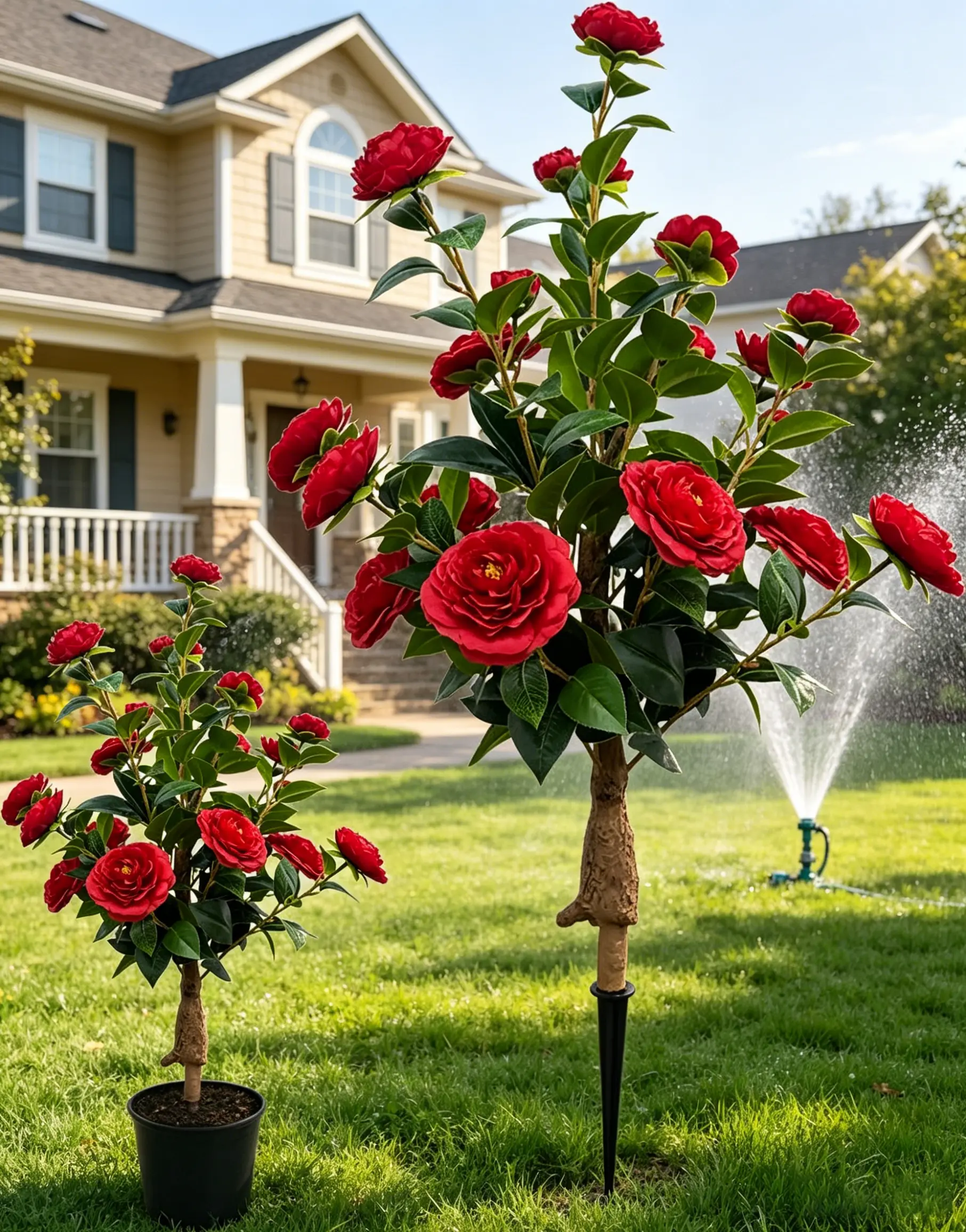 Artificial Rose Flower Trees, Realistic Camellia with Ground Stakes, Fake Rose Bush Faux Trees Indoor for Home Decor Front Porch Living Room Outdoor Garden Yard (Red))