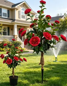 Artificial Rose Flower Trees, Realistic Camellia with Ground Stakes, Fake Rose Bush Faux Trees Indoor for Home Decor Front Porch Living Room Outdoor Garden Yard (Red))