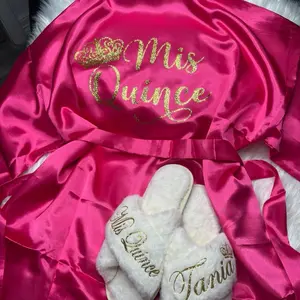 Quinceañera Robe & Slippers Set Satin Gown Mis Quince Personalized Slippers for Women Long Sleeve Dopamine Y2K Style All Seasons Comfort Elegant and Cute