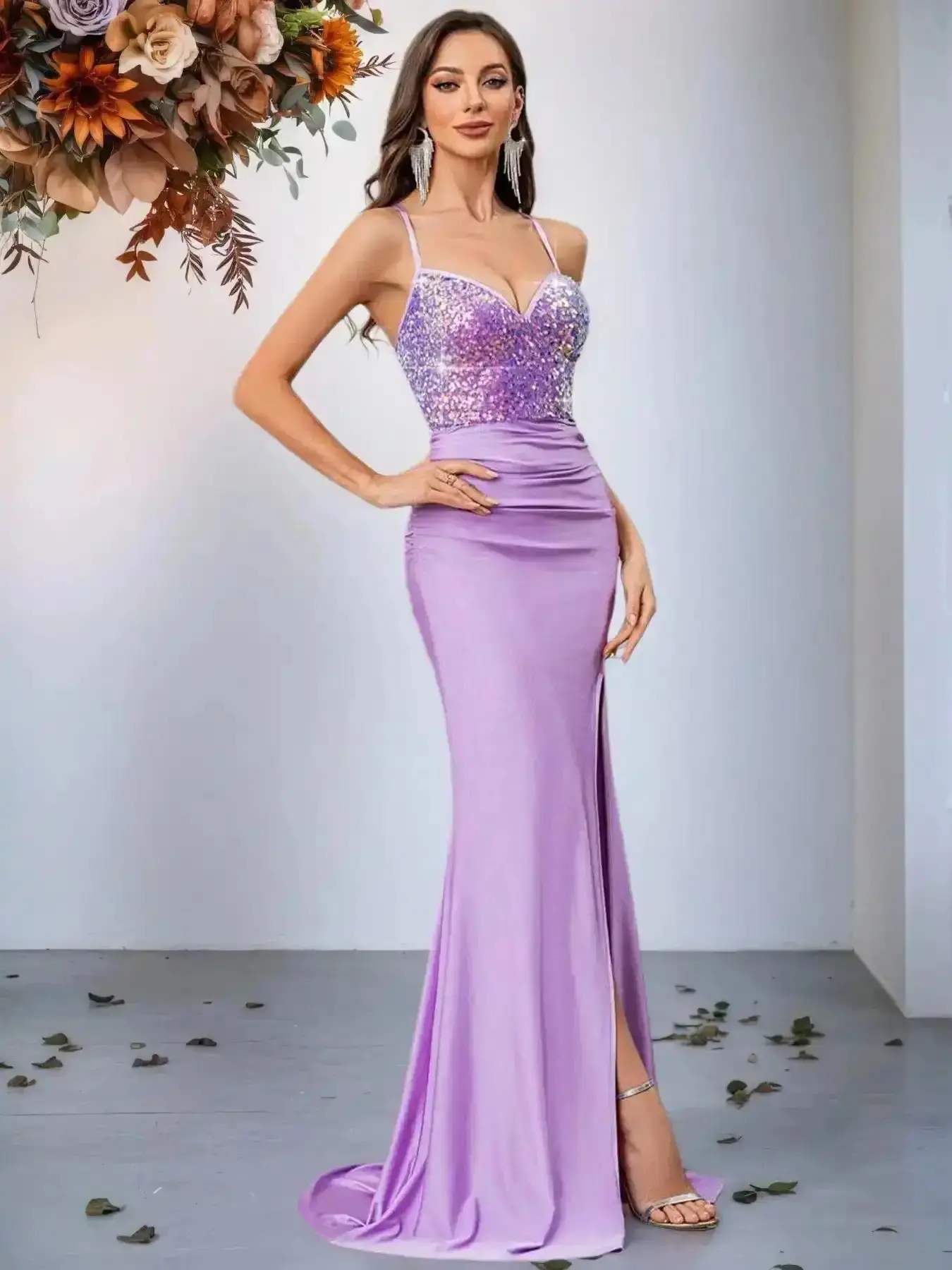 Fashion Womenswear Sequined Split Hem Sleeveless Maxi Evening Dress, Fit, Elegant Party Luxury Chic Style, Eye-Catching and Stylish, Formal Wear, Modern Classic, Wardrobe Staple tropical look wedding guest