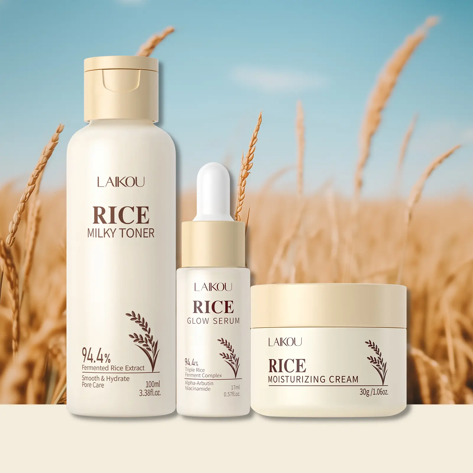 LAIKOU Skin Care Set, Korean Skin Care with Rice Toner, Serum, Moisturizing Cream 3pcs for Women Teen Girls Mom Daughter Mother's Day Birthday Christmas Lover Korean Beauty,travel essentials