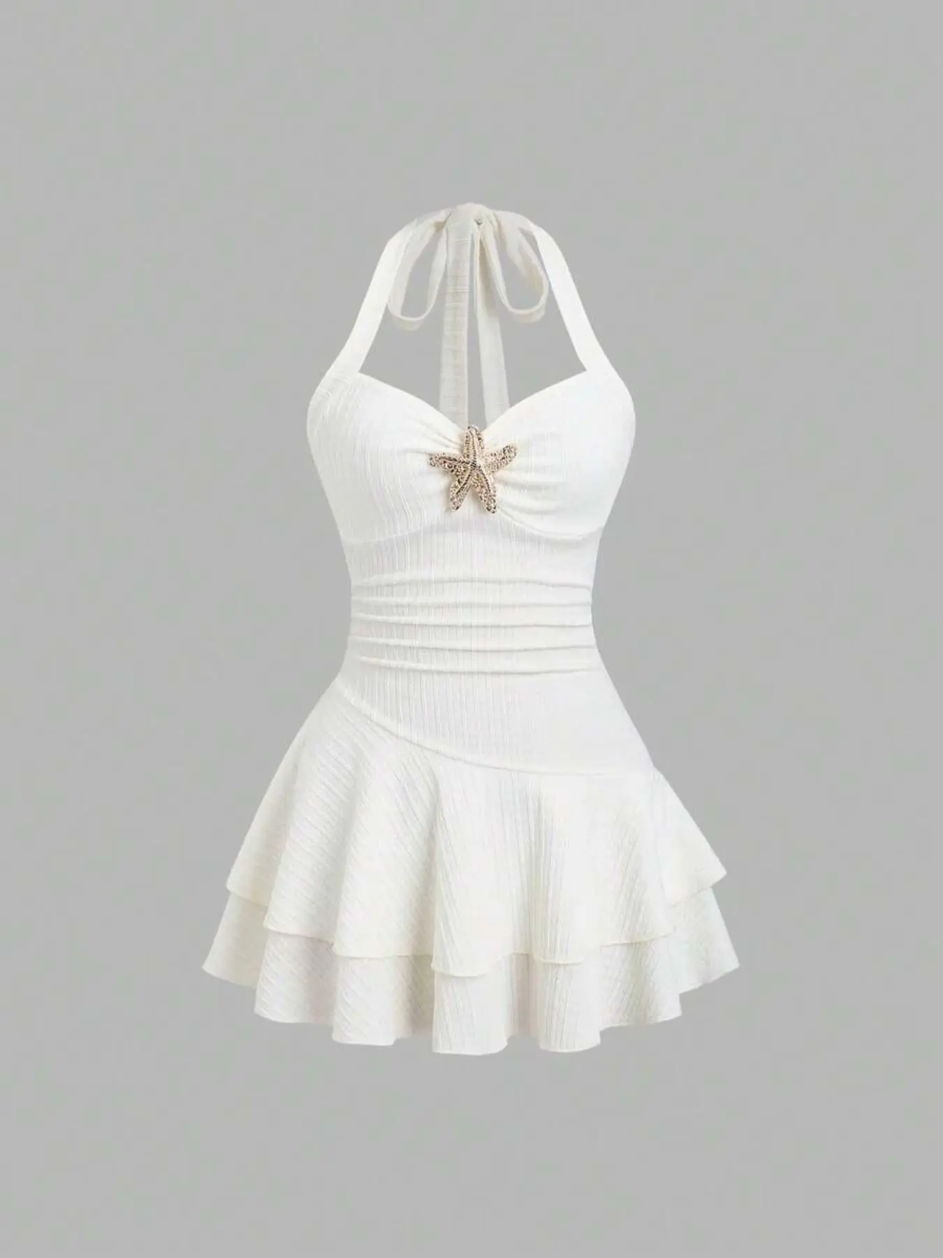 Women's New Summer Halter Neck Metal Decor Layered Ruffles Mini Dress for Beach Vacation