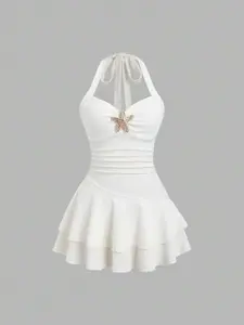 Women's New Summer Dress, Beach Vacation Style, Elegant Fabric, Halter Neck, Front Pleats, Metal Decor, Layered Ruffles, Cute Playful Mini Dress