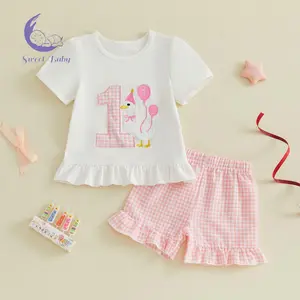 Baby Girl 2-Piece 1st Birthday Gift Set, Crew Neck Short Sleeve Top with Letter, Goose & Balloon Embroidery, Plaid Shorts