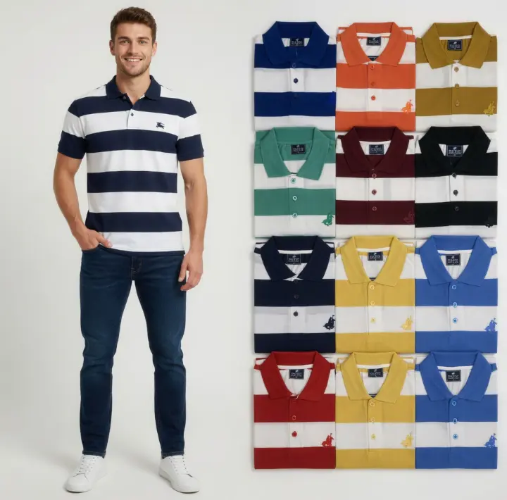 4 Pack Mens Short Sleeve Striped Pique Polo Shirts Classic