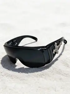 Men's Fashion Glasses with Rhinestone Cross Decoration, PC Lenses, UV Protection, Cat Eye Frame, Party Style, Includes Strap and Cloth, UV Blocking Sunglasses