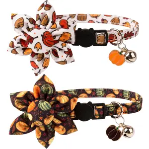 Thanksgiving Cat Collars with Removable Flower Bell, Adjustable Thanksgiving Fall Pumpkin Floral Collars for Girl Cats & Kittens