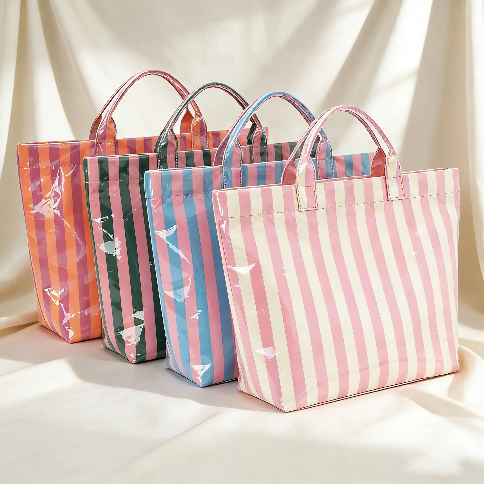 Women's 2026 Large Capacity Striped Waterproof PVC Tote Bag - Fashionable Reusable Shopping Bag for Groceries, Work & Beach Mom, Ideal for Work Travel, Shopping Bags For Groceries