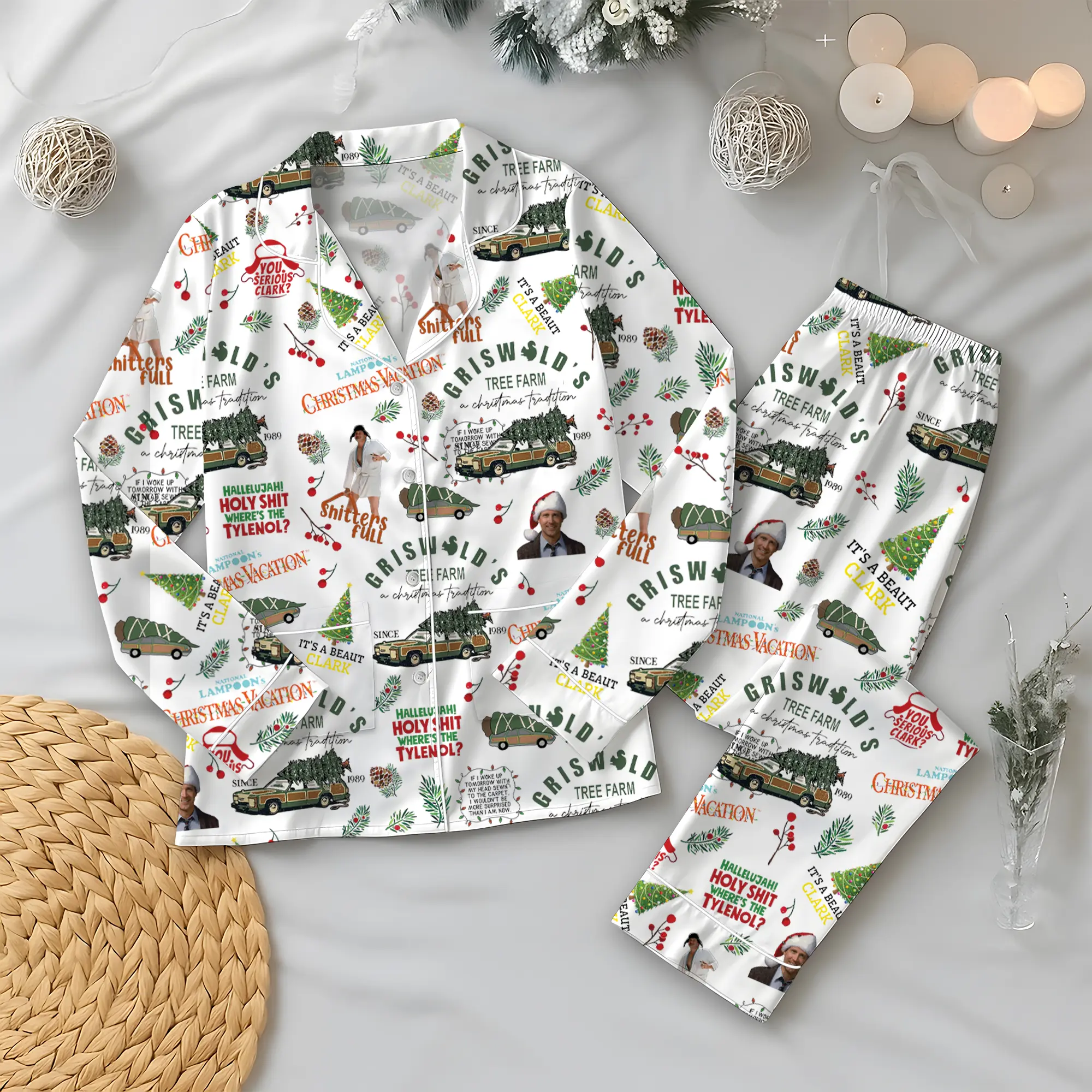 Griswold Pajama Satin Set, Griswold Co Christmas PJS with Tree Farm Shirt, Matching Family Pajamas, National Lampoon’s Christmas Vacation Sleepwear, Funny Holiday Gift