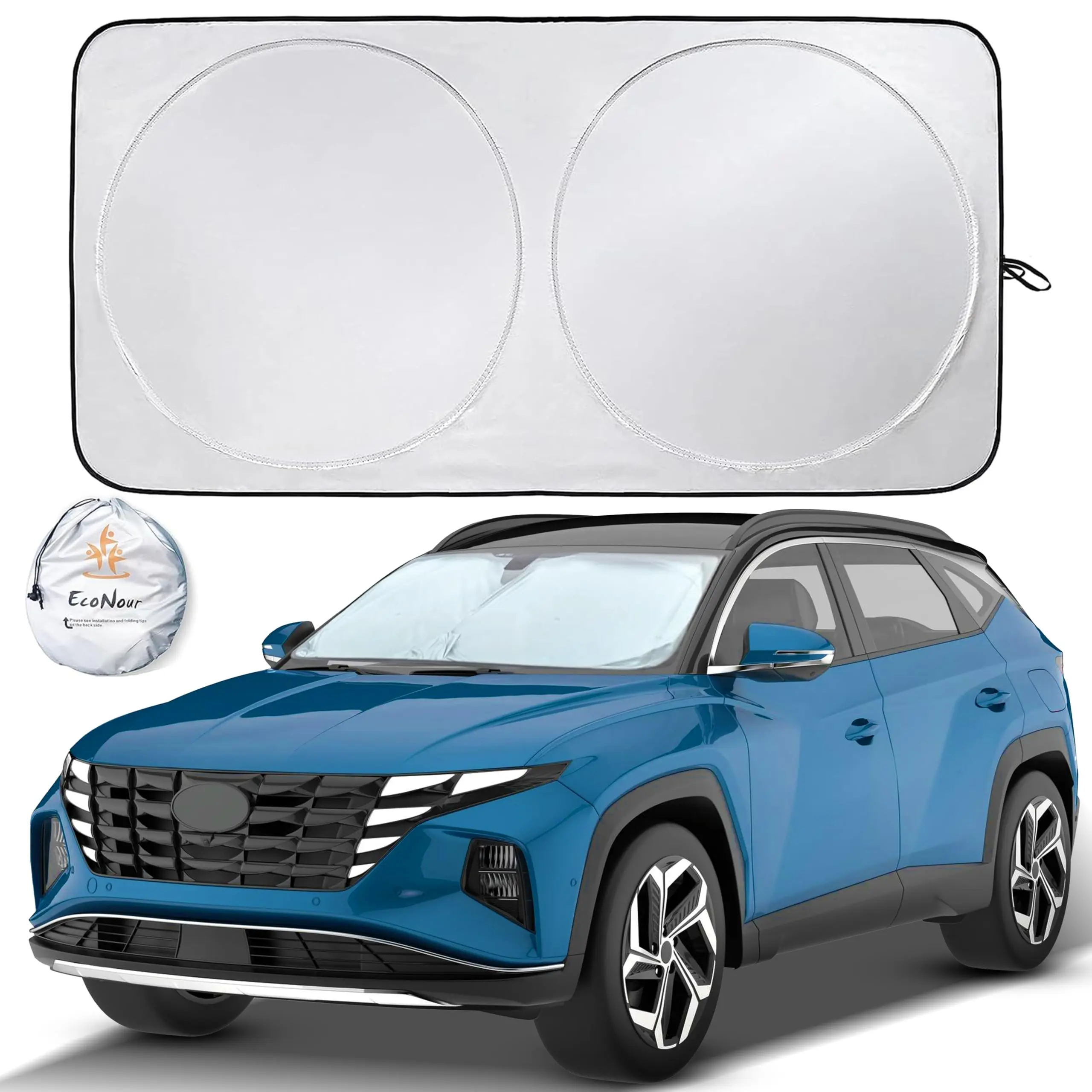 EcoNour Polyester Front Windshield Car Sunshade - 64x34 in Large Size Heat Shield, UV Blocking, Adjustable Rollable, Universal Fit, Quick Setup Easy-Install Accessory for Cooler Interior