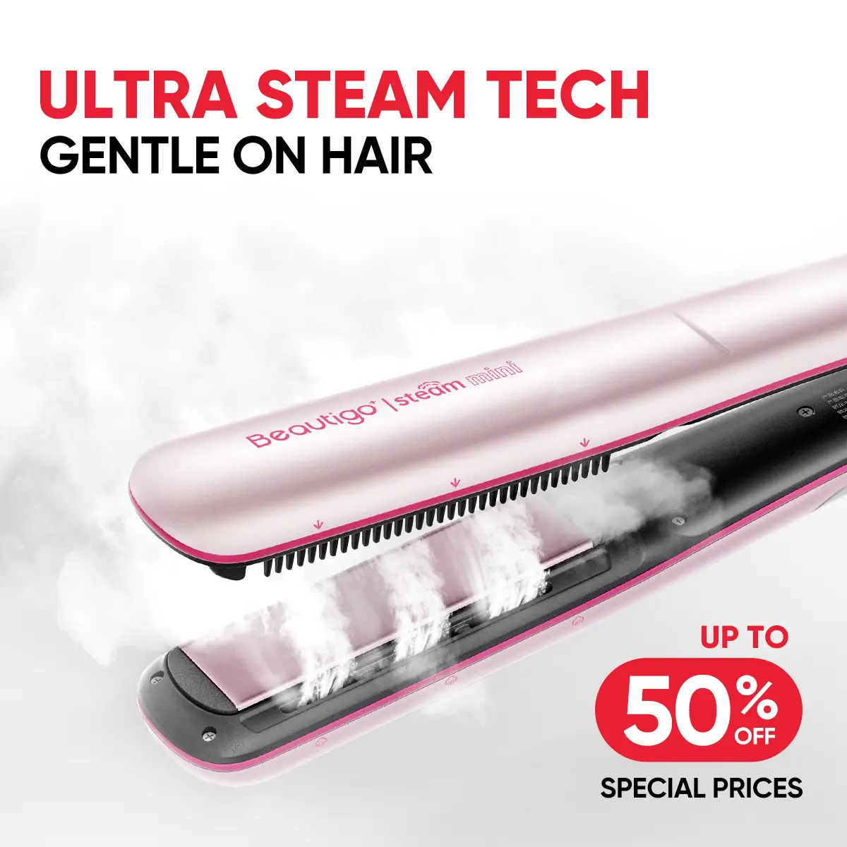 Beautigo Steam Pro Hair Straightener Flat Iron Fast Heating, Rose Gold,  Anti-Frizz Moisturizing Steam, Reduce Heat Damage, 20s Fast Heat, Ceramic Plates for Thick, Curly & Frizzy Hair