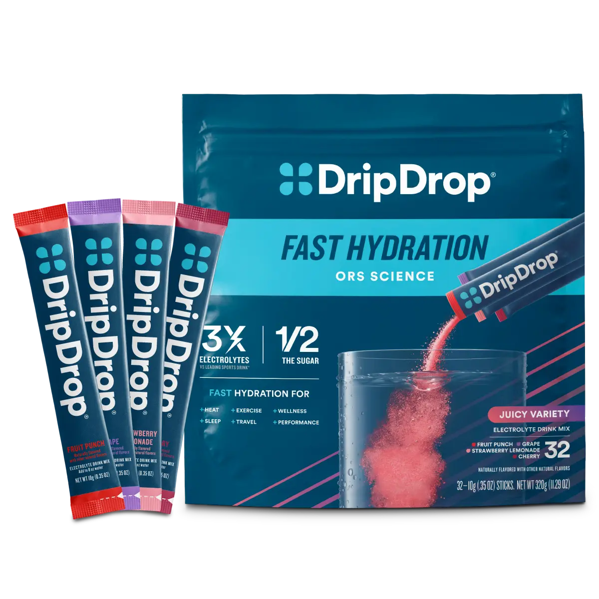 DripDrop Juicy Variety Pack Electrolyte Powder, 8 oz sticks, 32 count