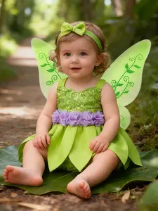 Dreamy Forest Fairy Infant Princess Set, Sparkling Halter Dress, 3D Vine Wings, Bow Headband, Toddle Fairytale Festival, Costume Decoration
