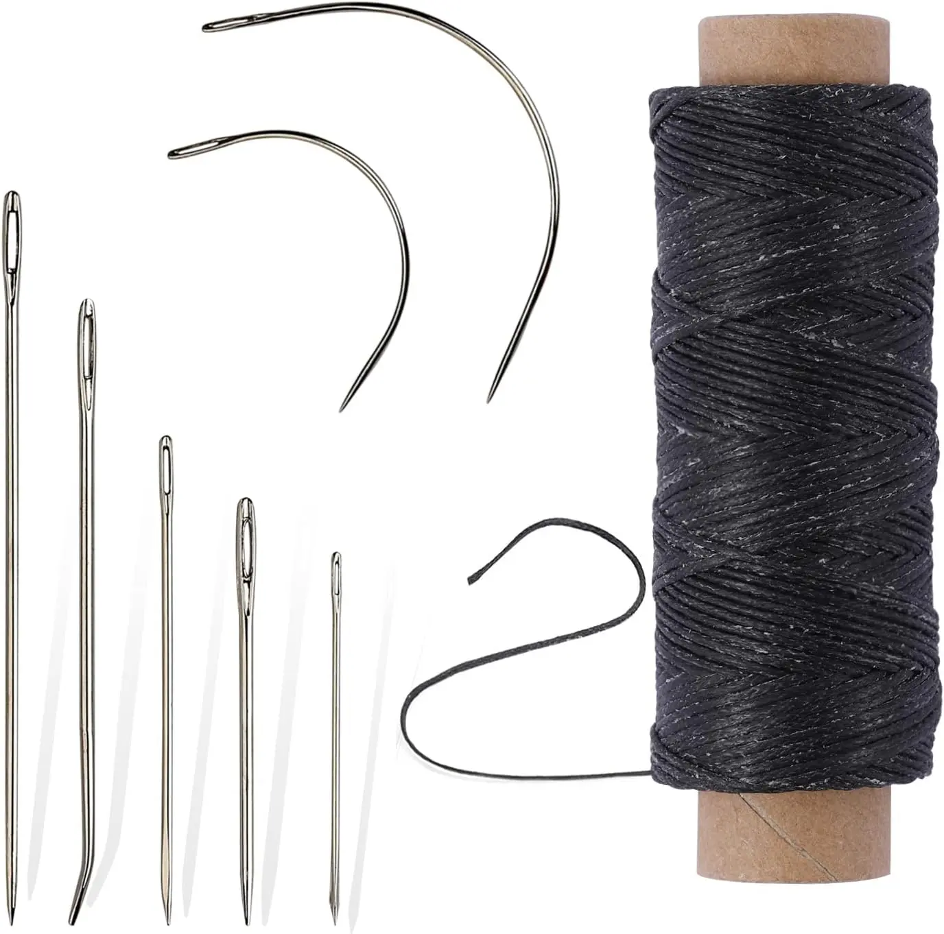 Leathercraft Hand Sewing Kit - 55yd 150D Polyester Flat Waxed Thread, 7 Steel Needles (5 Straight, 2 Curved) for Leather, Canvas Repair