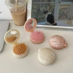 Marble Texture Massage Comb with Mirror, Lightweight Travel Comb, Foldable Portable, Makeup Brush, Includes Cosmetic Bag, Durable Abs Plastic, Hair Care Comb