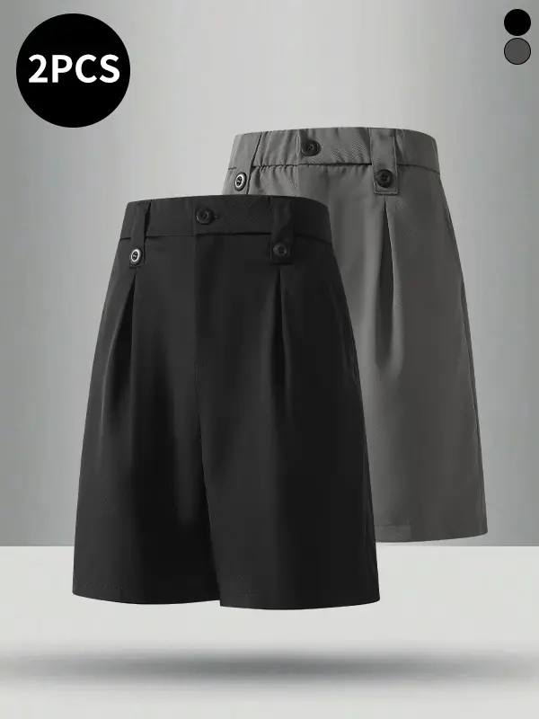 2-pack men’s suit shorts for summer—drapey, wrinkle-resistant suit fabric that is lightweight and breathable; suitable for work/commuting, shopping, dates, and everyday outings.