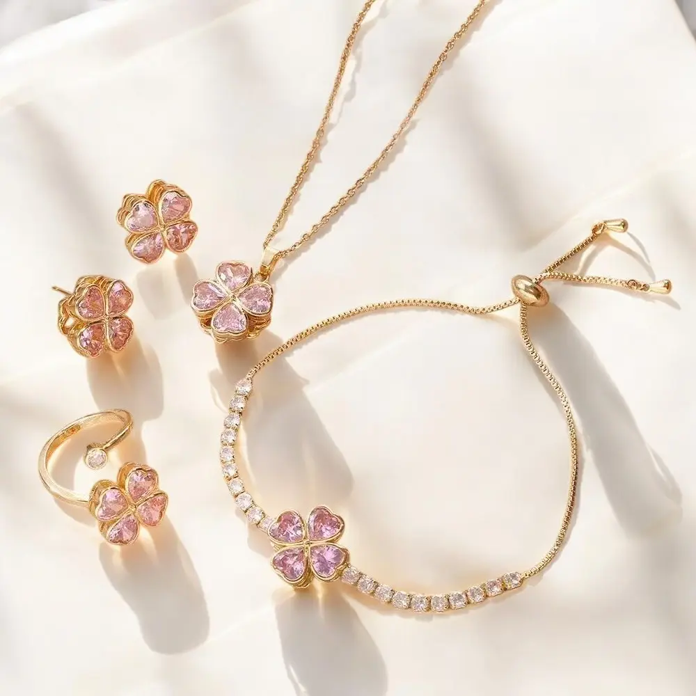 GoodLittleGoods Sparkling Pink Heart Flower Jewelry Set - Necklace, Adjustable Fit Ring, Bracelet & Earrings | Elegant Gift for Women, Besties & Birthdays