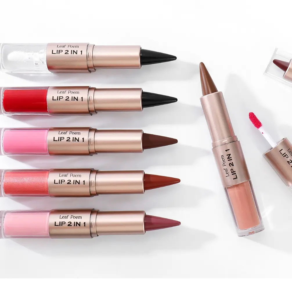 Dual-Ended Lipstick-Lip Gloss Set, Matte Outline Lipstick & Translucent Dewy Mirror Finish Gloss, Gentle Beeswax Formula, Long-Lasting Lip Care, Daily Use, Ideal Gift for Makeup Enthusiasts, Glossy, Moisture, 2 In 1 Lipstick & Lip Gloss, Sensitive