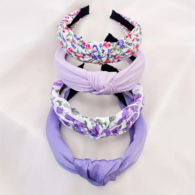 A Set of Four Women'S Fresh Purple Floral Solid Fabric Wide Headbands, Sweet And Suitable for Daily Use As Hair Accessories.