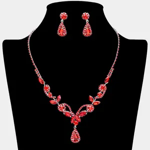 Red Marquise Stone Floral Rhinestone Embellished Evening Necklace Set | Prom Jewelry|  632026