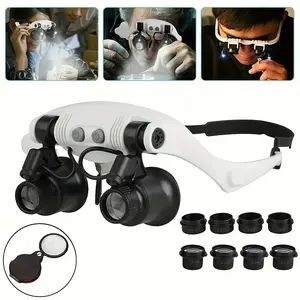 LED Head-Mounted Magnifier with 10x-25x Interchangeable Lenses, Hands-Free Illuminated Magnifying Glass for Home Office, Precision Work, Repair, Crafting