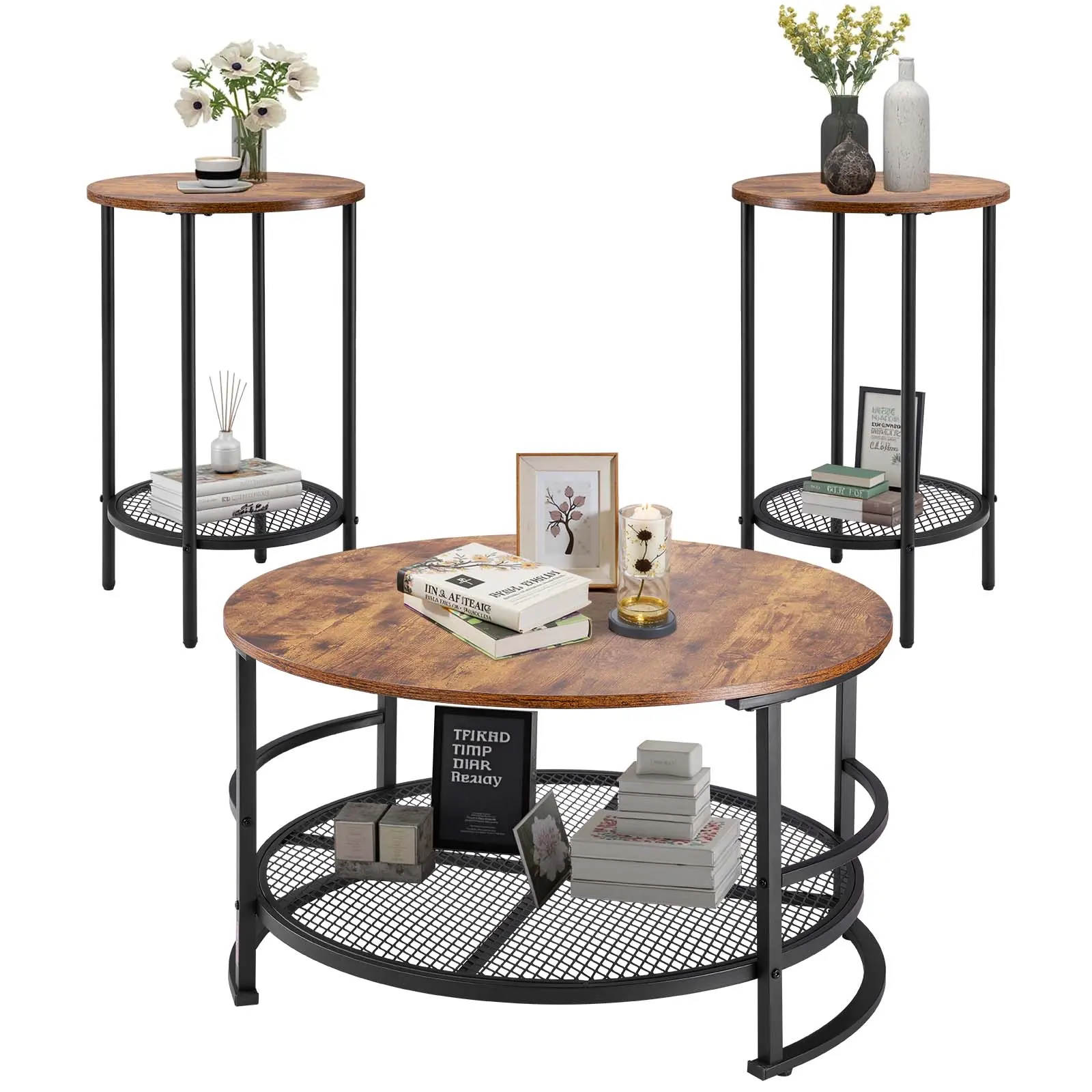 【SummerFinds】VEVOR 3 Pieces Round Coffee Table Sets, 31.5 in Industrial Living Room Table with 2 End Side Tables, Easy Assembly Coffee and End Tables Sets with Metal Legs, for Office, Living Room and Apartment
