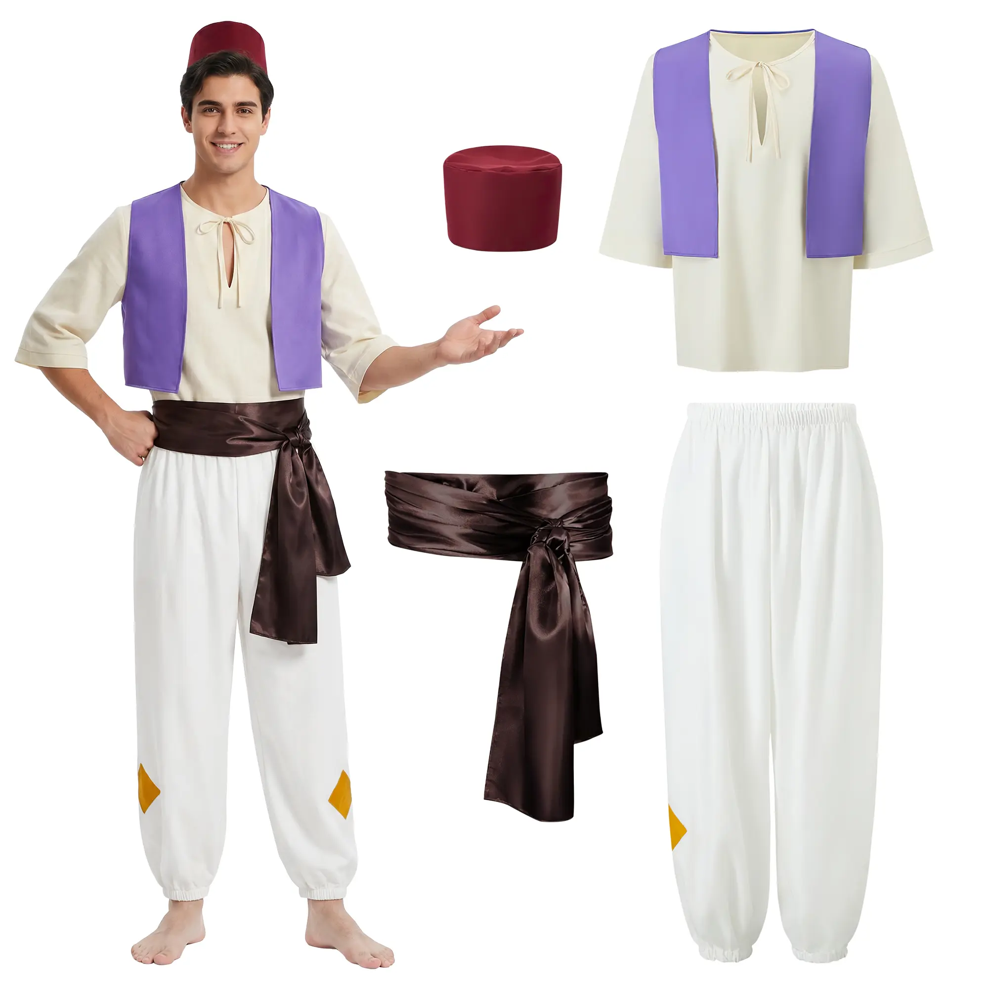 Men's Arabian Prince Polyester-Spandex Pullover Costume Set - Menswear Matching Adult Classic Fairy Tale Outfit with Shirt, Purple Vest, Harem Pants, Sash, Red Hat for Halloween Fancy Dress Cosplay