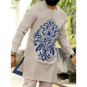 African Dashiki Men's 2-Piece Suit, Long-Sleeved Top, Shoulder Zipper, Round Neck, Hem Slit, Khaki Color, Casual and Street-Style Design