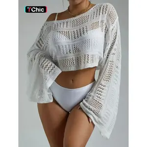 Women's Solid Hollow Out Sheer Flounce Sleeve Crop Sweater without Lingerie, Casual Boat Neck Jumper for Spring & Fall, Fashion Cover Up Top, Ladies' Knitwear for Daily Beach Vacation