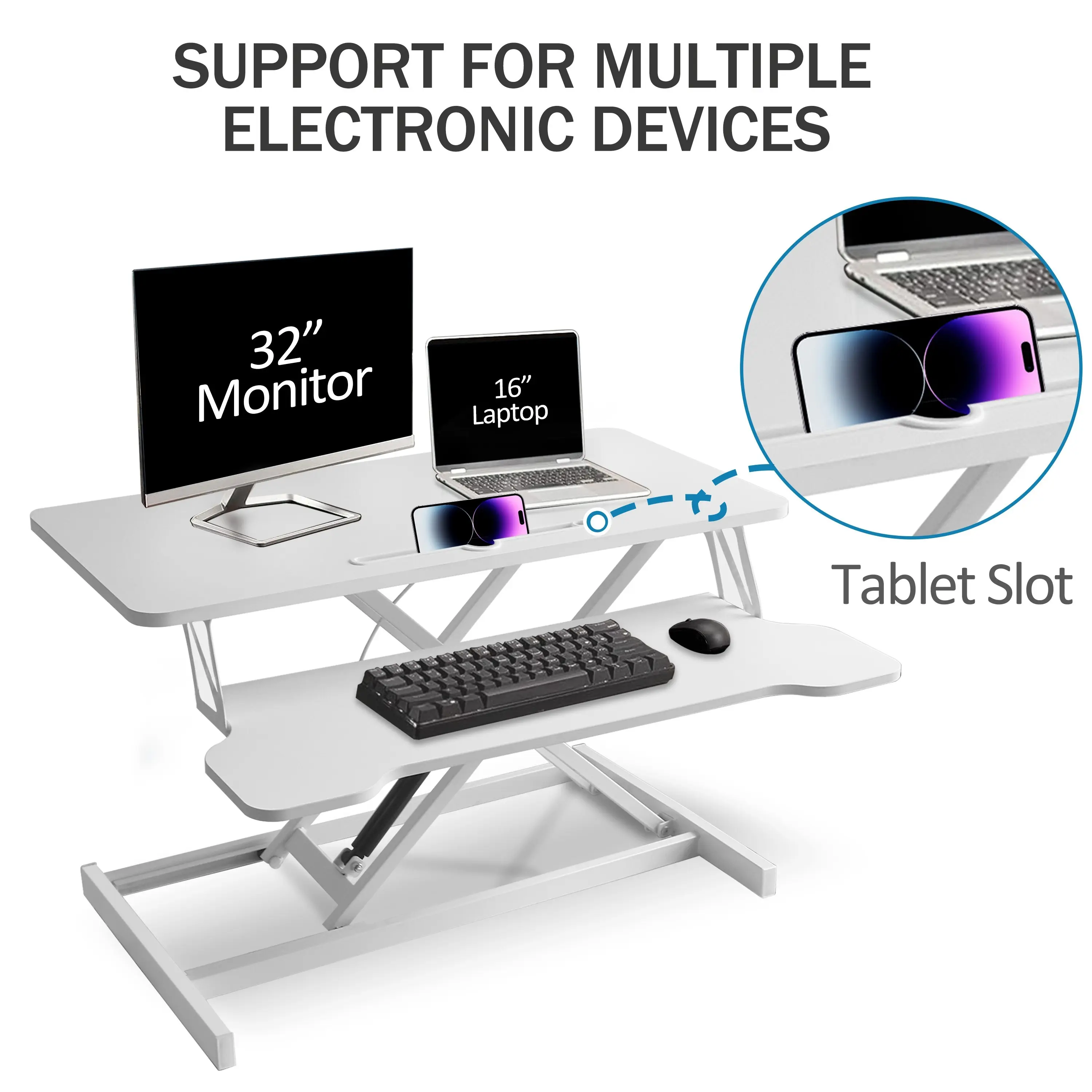 32" Rectangular Pre-Built Sturdy Computer Desk Converter - Gas Lift (Up to 20" in Height), Keyboard Tray, Dual Monitor Setup Riser, Adjustable Mount, Monitor Shelf, Supports Sitting & Standing Work, Reduces Frequent Movement (White)