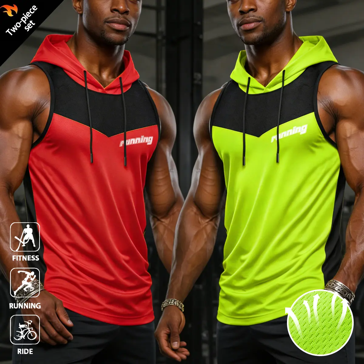 Men’s two-pack casual letter-print hooded color-block tank tops for summer—versatile sleeveless shirts/muscle tees suitable for fitness and sports-casual wear