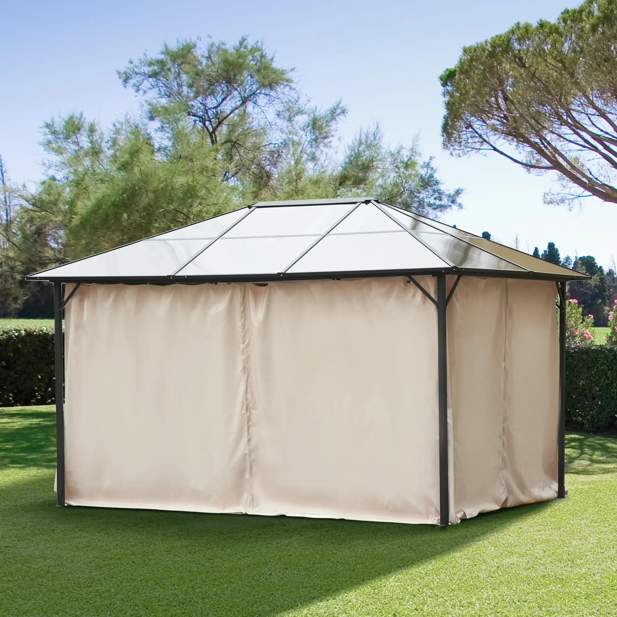 Four panel gazebo sidewall curtains beige easy install hanging design insect blocking privacy cover for backyard gathering