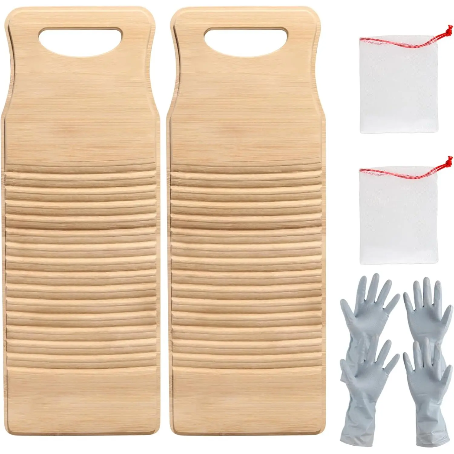 2 Pack Bamboo Washboard, 15.7x5.9x0.7 Inch Anti-slip Wood Washing Clothes Washboard with 2 Pair Rubber Gloves and 2 Soap Net, Hanging Washboard for Small Washing Jobs