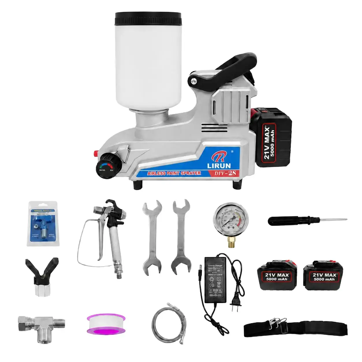 Cordless Airless Paint Sprayer, 21V Battery-Powered, 2.5 L/Min High-Pressure Flow, 2.5 L Tank, 3 Adjustable Speeds, Includes 2 Rechargeable Lithium-Ion Batteries, for Indoor and Outdoor Painting and Home Improvement Projects