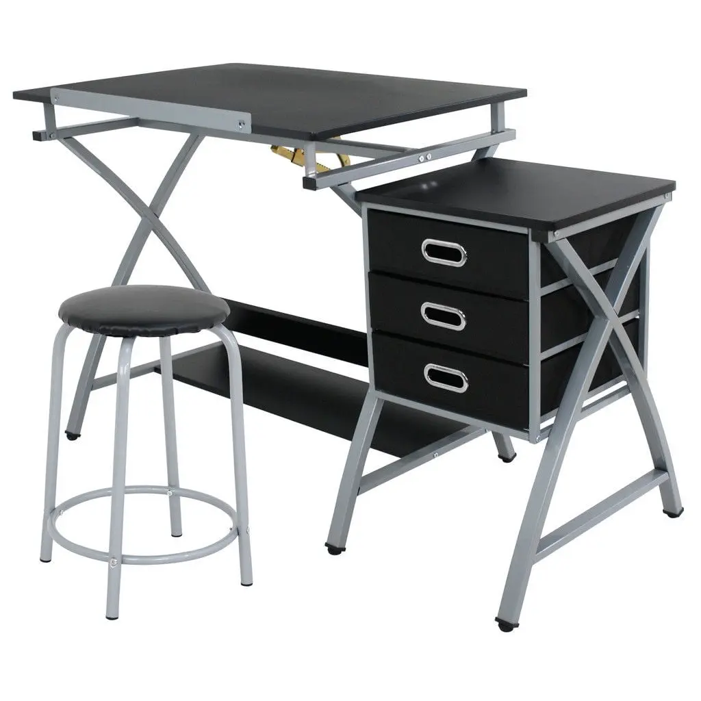 Adjustable MDF-Steel Drafting Table - Art Workstation, Artist Desk with Multiple Drawers, Angle-Adjustable Desk and Stool for Art & Craft Hobbies