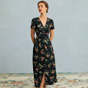 RIHOAS Women's Floral Print Button Front Split Thigh Dress, Boho V Neck Short Sleeve Shirred Waist Ruffle Hem Long Dress, Lady Summer Clothes for Holiday Fit Womenswear Feminine Fabric