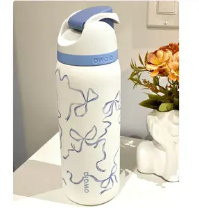Owala Limited Edition FreeSip Water Bottle 32oz with Blue Bow Design Insulated Stainless Steel 24H Cold Leak-Proof Straw Drinkware Toy Reusable Flasks Portable Bottled