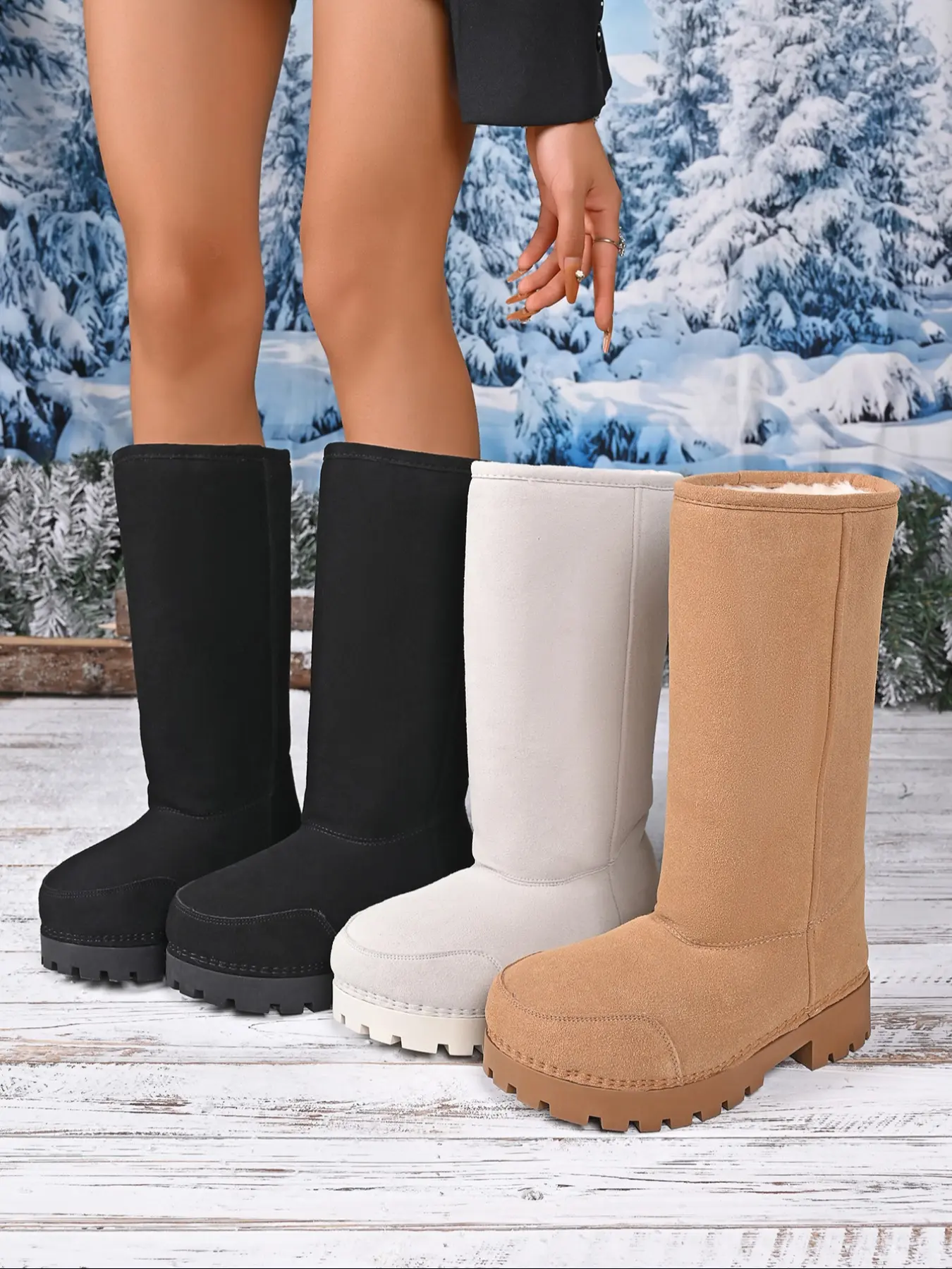 Women's Winter High-Top Snow Boots, Fashionable Suede Faux Fur Lined, Thick Rubber Sole Anti-Slip Long Booties, Casual Plain Design, Footwear, Casual Warm Boots