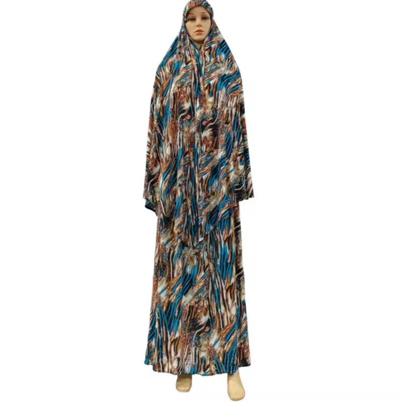 Women's Muslim 2-Piece Ice Silky Jersey Set, Flower Print Khimar Skirt & Hijab Robe, Islamic Prayer Clothing for Dubai Style