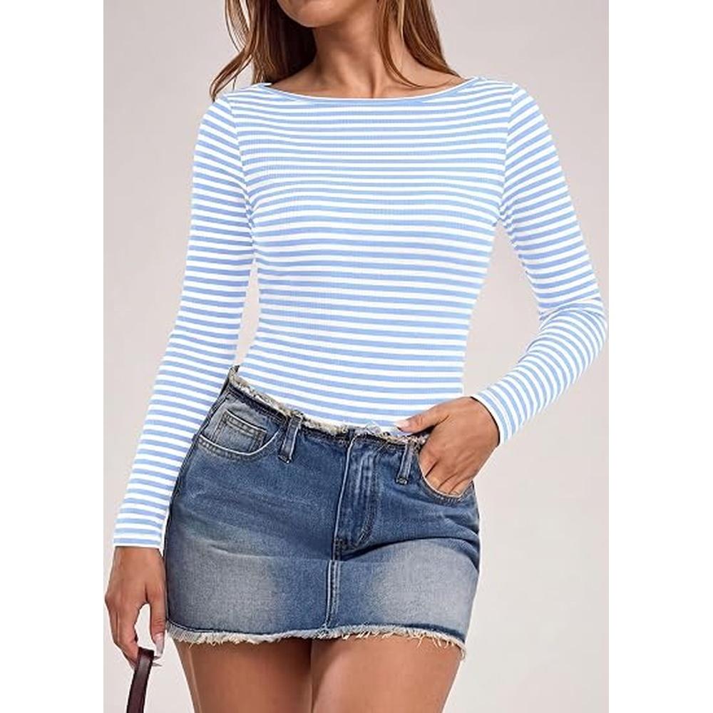 PRETTYGARDEN Long Sleeve Striped Shirts for Women | Soft Ribbed Knit ,Y2k Tshirt,Slim Fit Layering,Cute Tops,Basic Tee,Business Casual Outfits, Spring Fall Trendy Clothes#SohoChic
