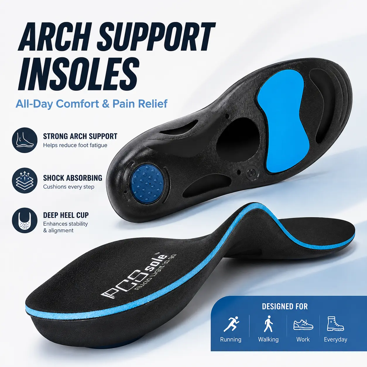 PCSsole Orthotic High Arch Support Insoles for Men & Women,  Shock Absorbing Insoles for Plantar Fasciitis, Flat Feet & Foot Pain,Walking, Running, Standing & Everyday Wear