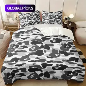 2/3Pcs Black White Ape Head Camo Duvet Cover Set, Classic Streetwear Camouflage Comforter Cover, Trendy Urban Hip Hop Bedding Set with Pillowcases, No Filler, For Teen Boys Young Men Streetwear Bedroom Apartment Decor, Decorative Duvet Cover