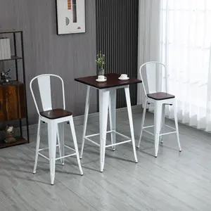3 Piece Industrial Dining Table Set, Bar Height Bar Table and Chairs Set with Footrests for Bistro, Pub, White and Brown