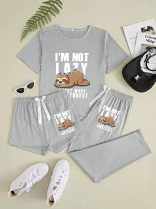 Women's Sloth Three-Piece Home Set, Cartoon Pattern, Loose-Fitting, Casual Style, All Seasons, Comfortable Sleepwear, Loungewear, Pajama Set, Pjs