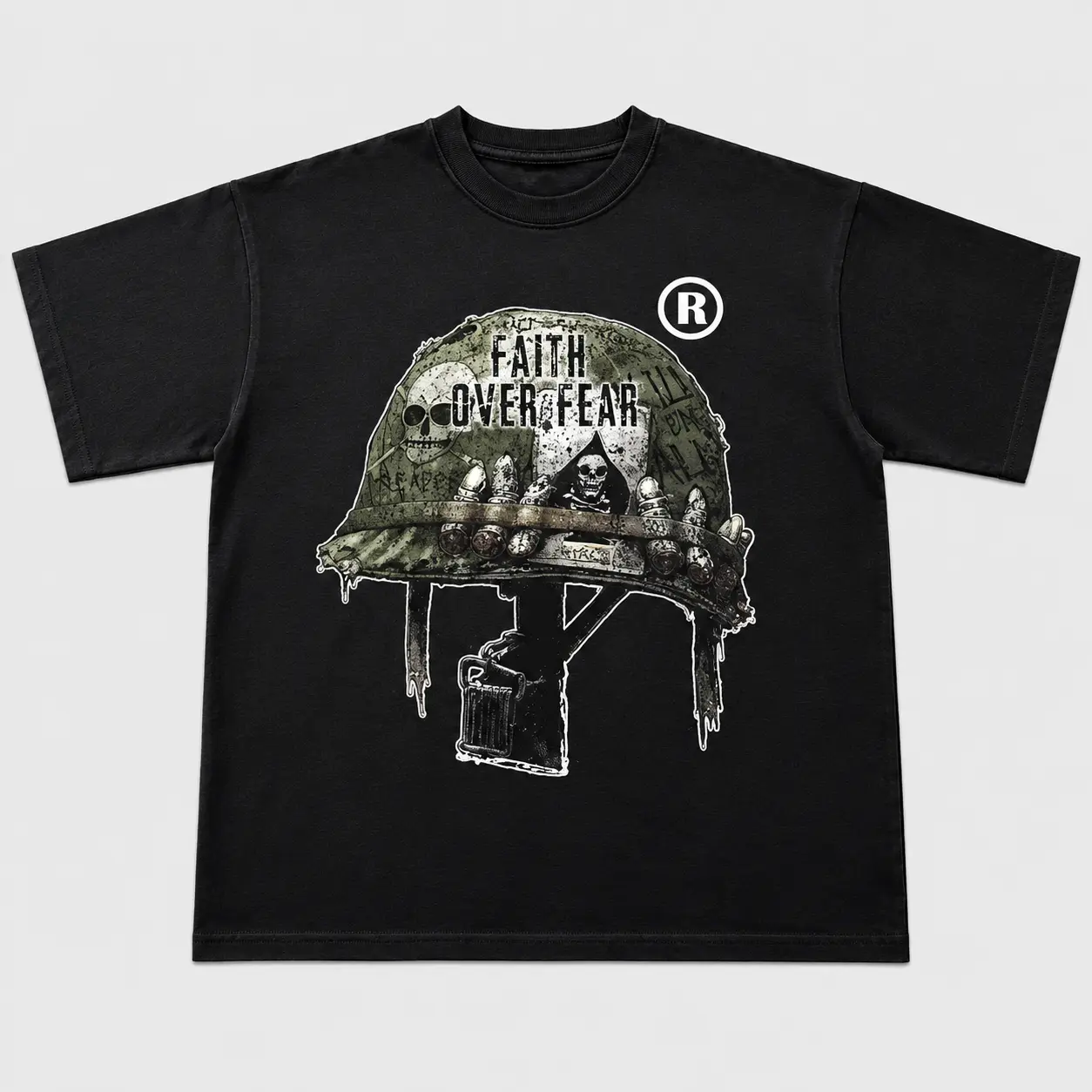 War Helmet Faith Over Fear Graphic Print Cotton T-Shirt, grunge y2k emo scene tapout goth amity affliction style clothes, Unisex T-shirt