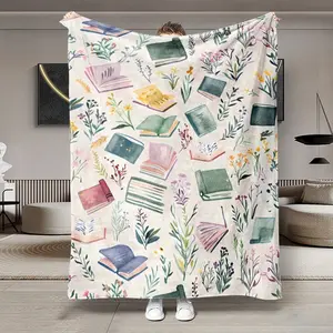 Flannel Blanket with Book & Floral Patterns, Cozy Blanket, Soft Lightweight Warmth for All Seasons, Ideal for Bed Sofa Office Camping Travel Gift, Soft Comfy Blanket, Decorative Giftable Blankets