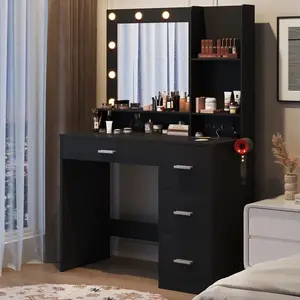 FURMAX Vanity Desk with Lights and Mirror Makeup Vanity Table Set with Drawer and Power Outlet