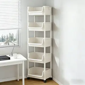 4 Layer/5 Layer Multi-Functional Plastic Storage Cart with Wheels, Stackable Organizer for Bedroom Kitchen Bathroom Living Room, Includes Hooks, Durable Storage