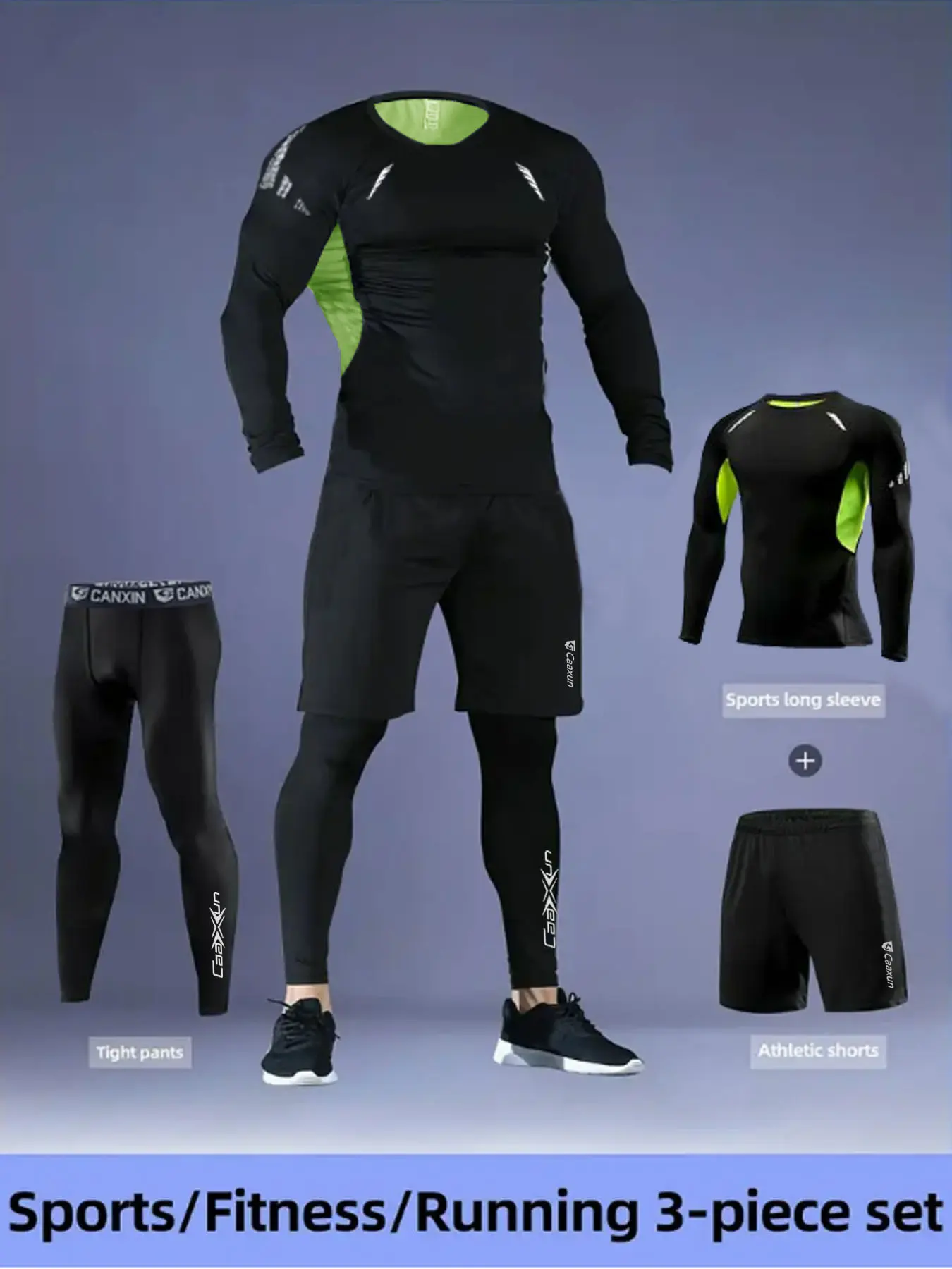 Men's 3-Piece Sports Set, Breathable Mesh Long Sleeve Top, Quick-Dry Tight Pants & Reflective Shorts, High Elasticity Running Gear, Activewear Running Outfits, Athletic Sets, Athletic Apparel